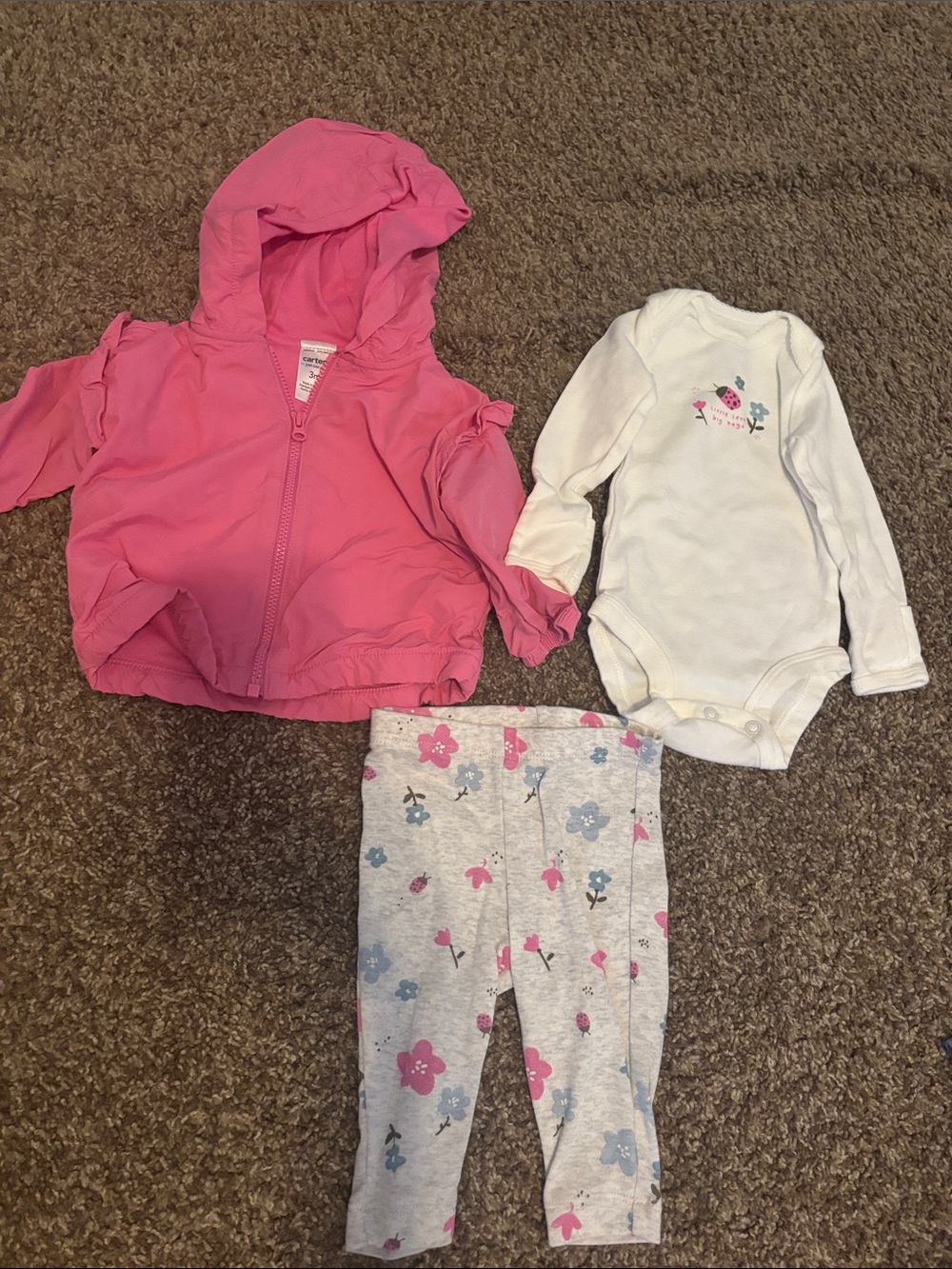 Carter's Pink Hooded Jacket, White Bodysuit & Gray Floral Leggings Set